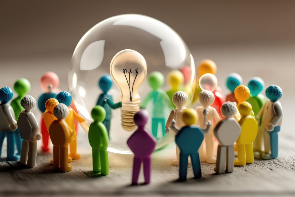 business illustration. small people characters develop creative business idea. isometric big light bulb as metaphor idea. graphics design generative ai