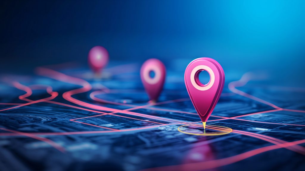 vibrant digital map with glowing pink location pins on a dark background, depicting modern gps navigation technology in a visually striking way