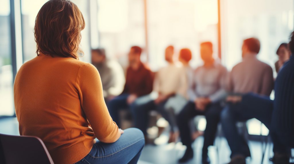 a woman sitting in a chair in front of a group of people