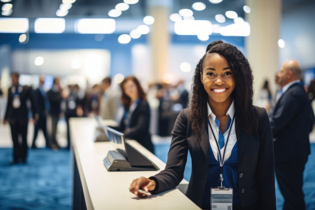 portrait of a dedicated and hardworking meeting and convention planner, standing in front of a busy event registration desk and assisting attendees with a warm smile, generative ai