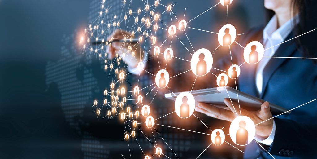business woman drawing global structure networking and data exch